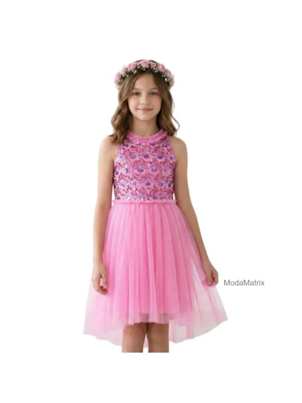 Girls Sequin Dress Sparkly Halter Neck Sleeveless Casual Party Twirl